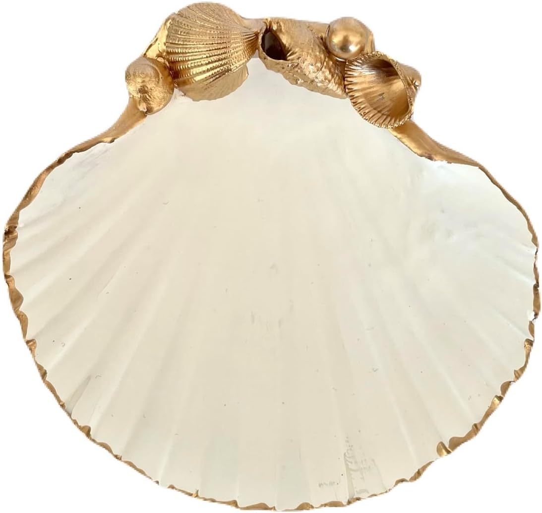 Unique Gifts Sea-Life Handmade Shell Trinket Dish (3.5") Gold Leaf Edge Ring/Earrings/Bracelet Jewelry Holder, Room Decor Birthday Weddings Valentines Mothers Day Best Mom Graduation Gifts