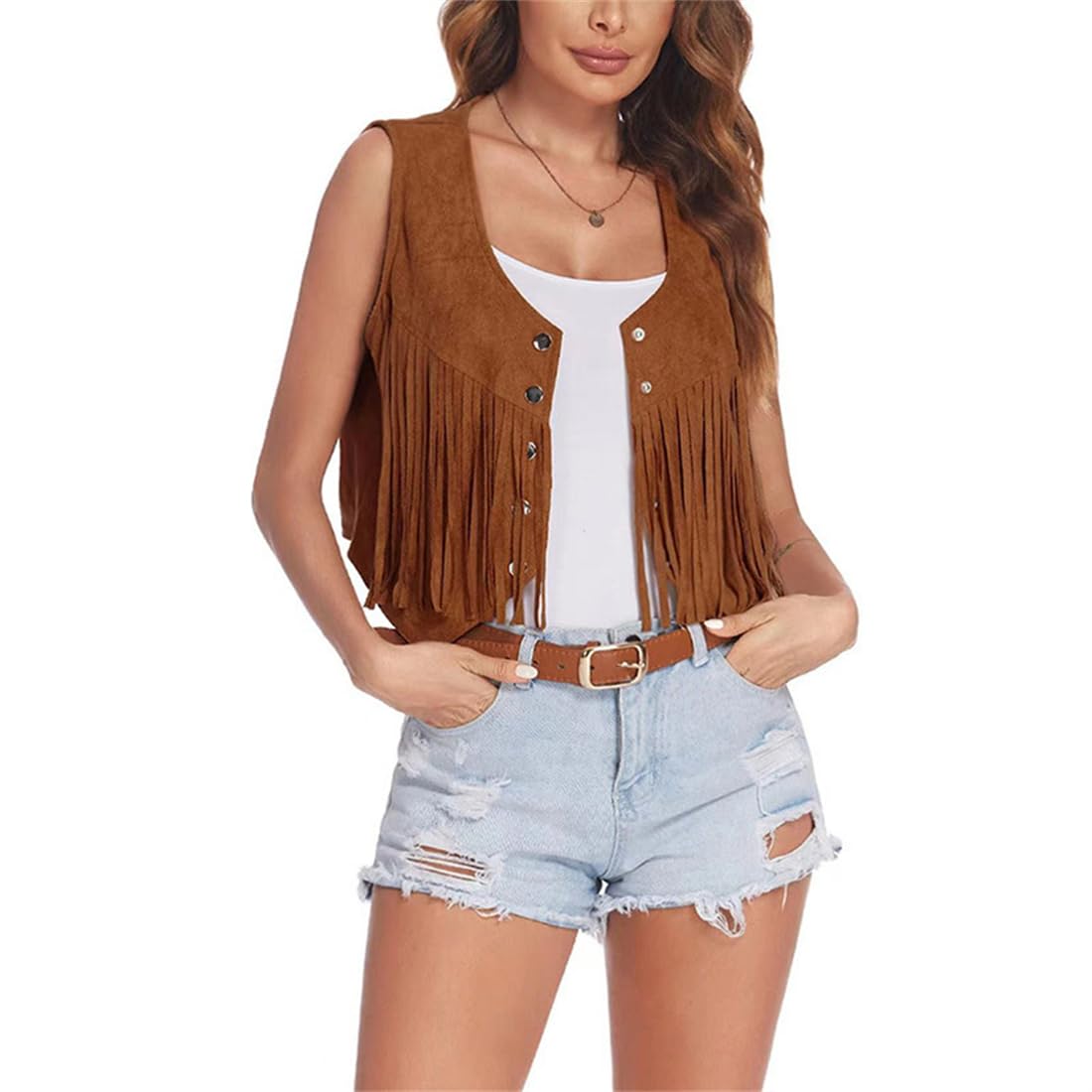 Gilet con Frange da Donna e Bottoni Anni 70 in Pelle Scamosciata Sintetica Monocolore Senza Maniche Estivo Elegante con Scollo a U Boho Gilet per il Tempo Libero Hippie Streetwear