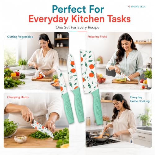 Image of BRAND VILLA Kitchen Knife Set of 3, Ultra Sharp Stainless Steel Chef Knife, Utility Knife & Paring Knife, Non-Stick Coated Blades, Ergonomic Anti-Slip Handle for Fruits, Vegetables & Meat (Green)