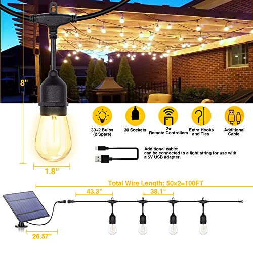 Zjojo Solar String Lights Outdoor Waterproof 100Ft(2 Pack), Solar Outdoor String Lights With 32 Edison Shatterproof Bulbs Ip65, Patio Lights Solar Powered &Usb Port, Led Solar Lights For Outside Decor #TOP2