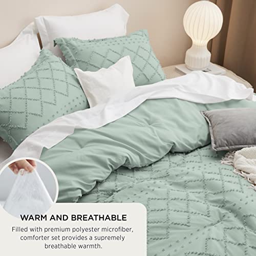 Image of Bedsure King Comforter Set - Sage Green Comforter, Boho Tufted Distressed Vintage Bedding for Kids, 3 Pieces Farmhouse-Style Bed Set for All Seasons, Fluffy Soft Bedding with 2 Pillow Shams
