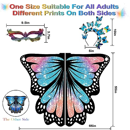 plainshe Butterfly Wings Double-Sided, Fairy Wings for Adults Halloween Costumes for Women 3PCS Butterfly Cape Set - Image 4