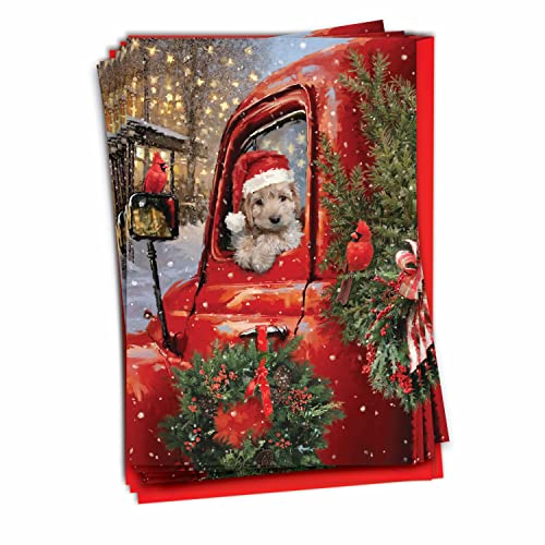 The Best Card Company 12 Christmas Greeting Cards Boxed Set with 5 x 7 Inch Envelopes (1 Design, 12 Each) Red Truck Puppies C3375EXSG-B12x1