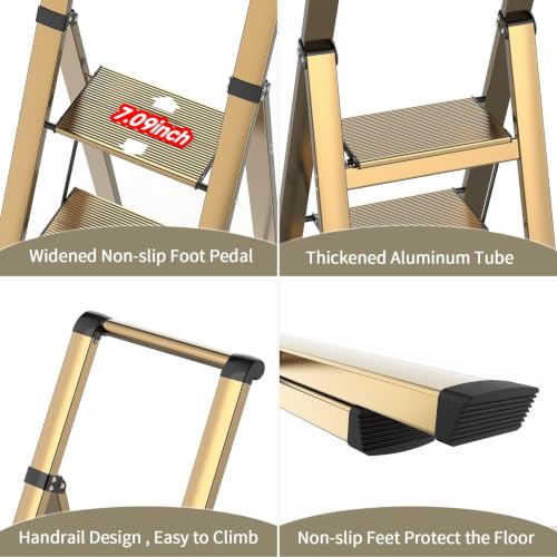 Image of SOLADDER 4 Step Ladder, Lightweight Folding Step Stool, Brown Gold
