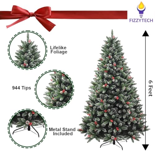 Image of Fizzytech 6 Feet Premium Artificial Christmas Tree with 944 Branch Tips, Snow Flocked Design, Red Berries & Pinecones, Metal Stand, Easy Assembly, Christmas Decoration for Home & Office