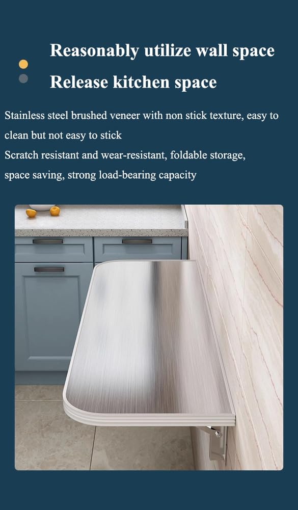 Mesa Plegable de Acero Inoxidable para Montaje en Pared, Ahorra Espacio, Ideal para lavandería y Cocina. Mesa portátil de 60x40 cm para Food Trucks, Bares y Espacios pequeños.