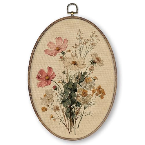 Qskjre Vintage Floral Wall Art Decor, Cottage Core Flower Oval Wood Framed Canvas Wall Artwork, Farmhouse Botanical Hanging Prints for Home Living Room Bedroom Kitchen Decorations, 8.6x11.4 Inch