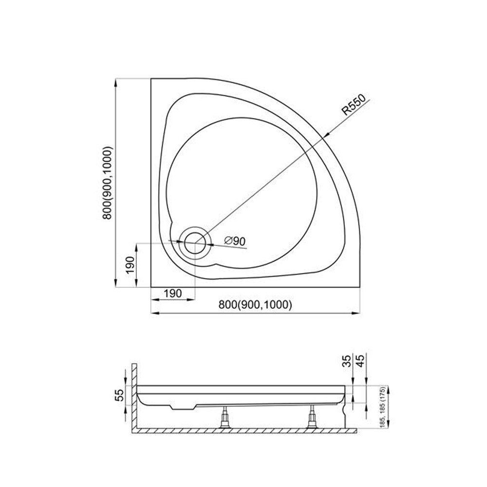 Plato de ducha, círculo cuarto 80 x 80 cm | Nordona® SIMPLEX PLUS | Set completo que incluye sifón Viega Tempoplex | construcción sólida y de gran calidad