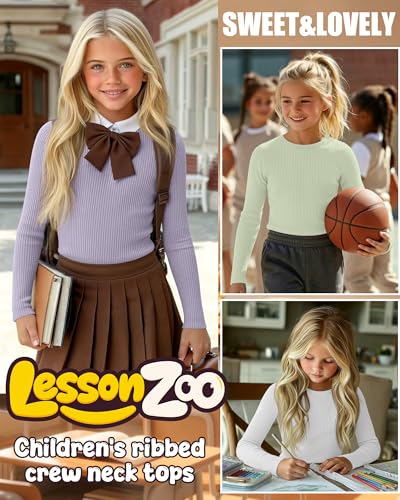 Image of 4 Pack Girls Long Sleeve Shirts Ribbed Knit Cotton Crewneck Tops Slim Fit Soft Casual Kids Base Layer Undershirts