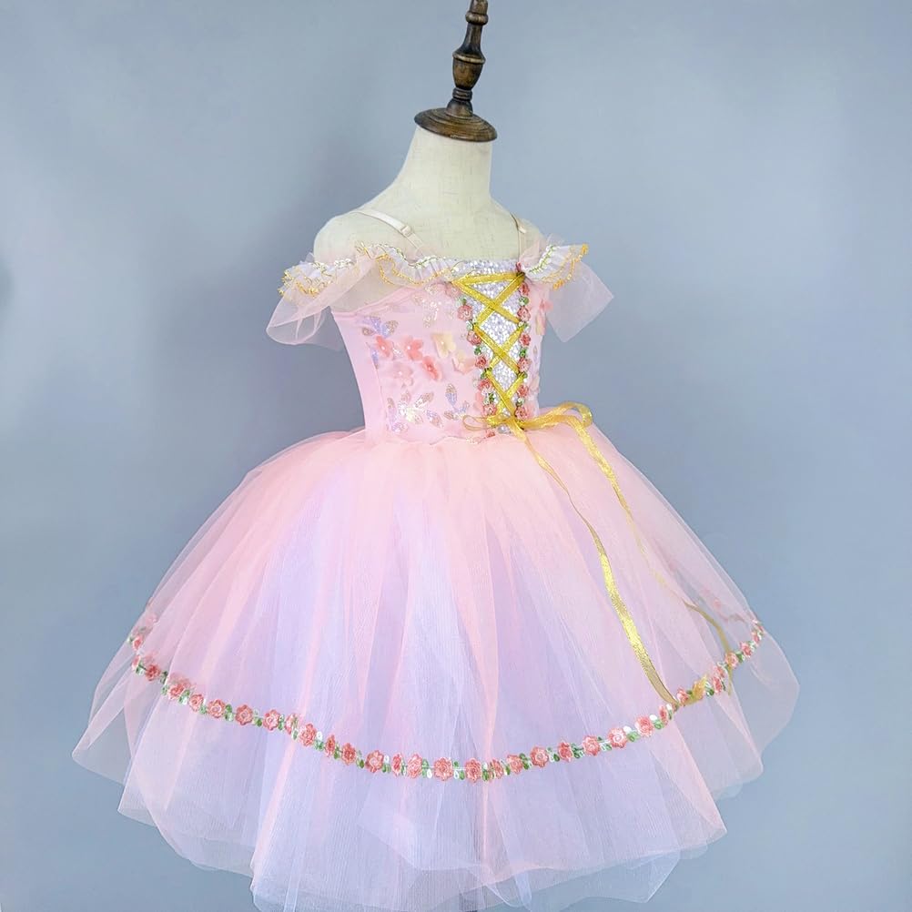 Mädchen-Ballettkleid Blumenstickerei schulterfrei Prinzessin-Ballerina-Tutu, Kostüm Partyaufführungen