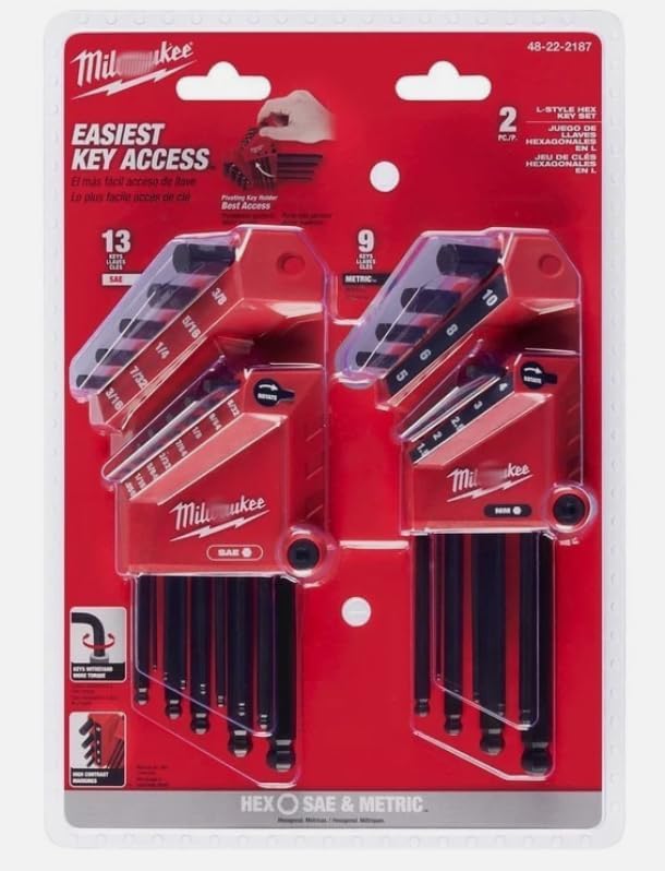 48-22-2187 SAE/Metric 22 Piece Hex Key Ball End L-Key Set，Replacement for Milwaukee OEM