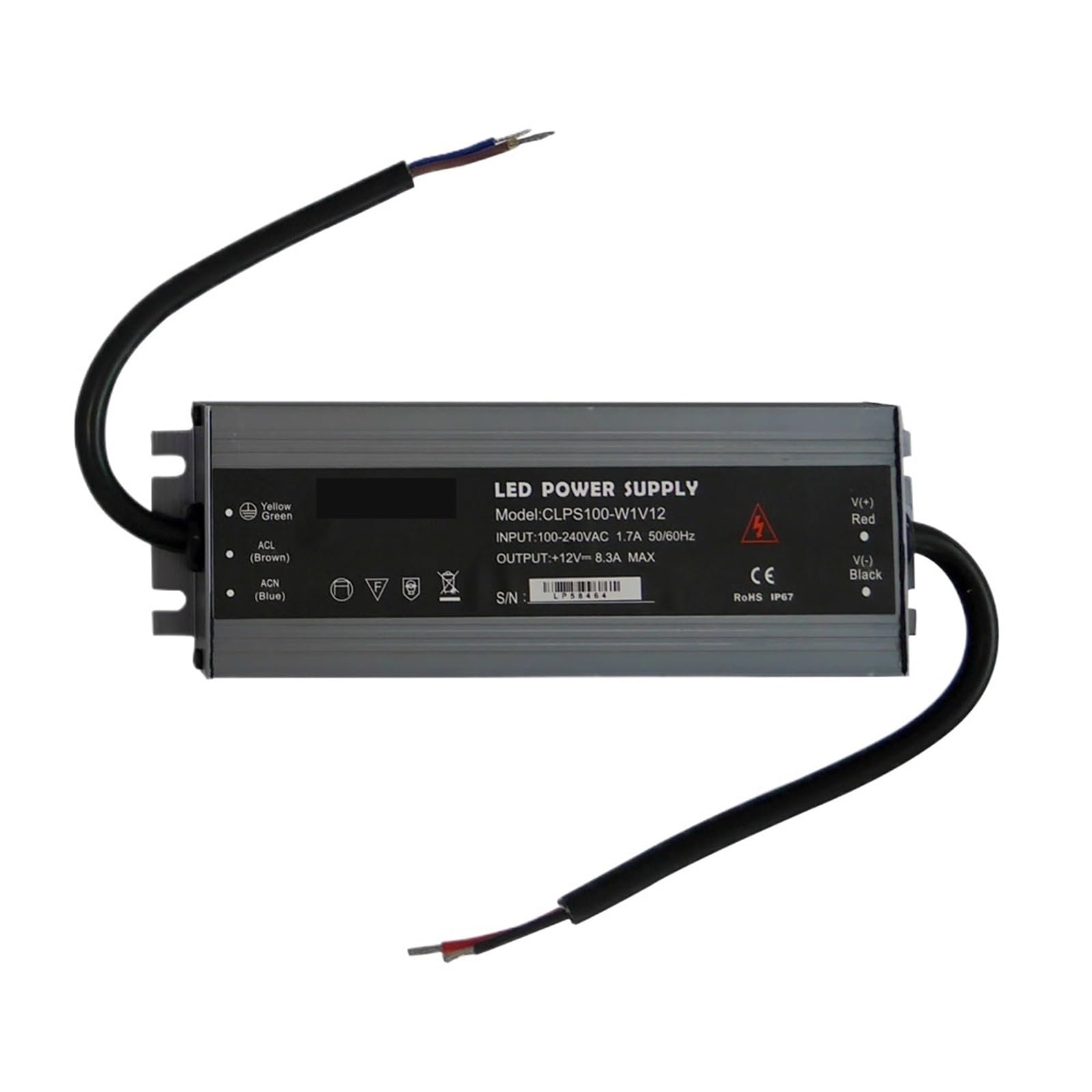 Fuente de alimentación for tira LED impermeable IP67, 45 W/60 W/100 W/120 W/150 W/200 W/250 W/300 W, 175 V~240 V a CC 12 V/24 V.