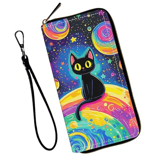 NLZQTTBD Women's Wallets,Wallet Wristlet for Women (Removable Wristlet) RFID Blocking Credit Card Holder Teen Girls PU Leather Phone Zip Around Men Wallet Clutch Travel Purse,Planet Black Cat