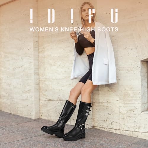 IDIFU IN2 Knee High Riding Boots Women Low Chunky Heel Motorcycle Boots with Side Zipper Comfortable Round Toe Tall Boots for Women Fall Platform Lug Sole Fashion Buckles Biker Boots2