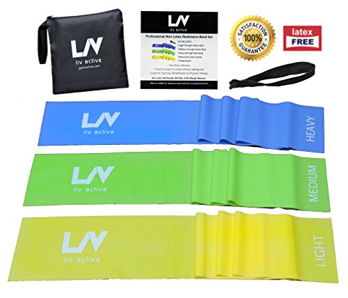 LIV Active Fitness Sale: Premium Set of 3 Non- Latex Resistance Bands with Free Travel Pouch, Door Anchor and Full Body Workout Manual (e-Book) - Professional Grade - (Light, Medium, Heavy)