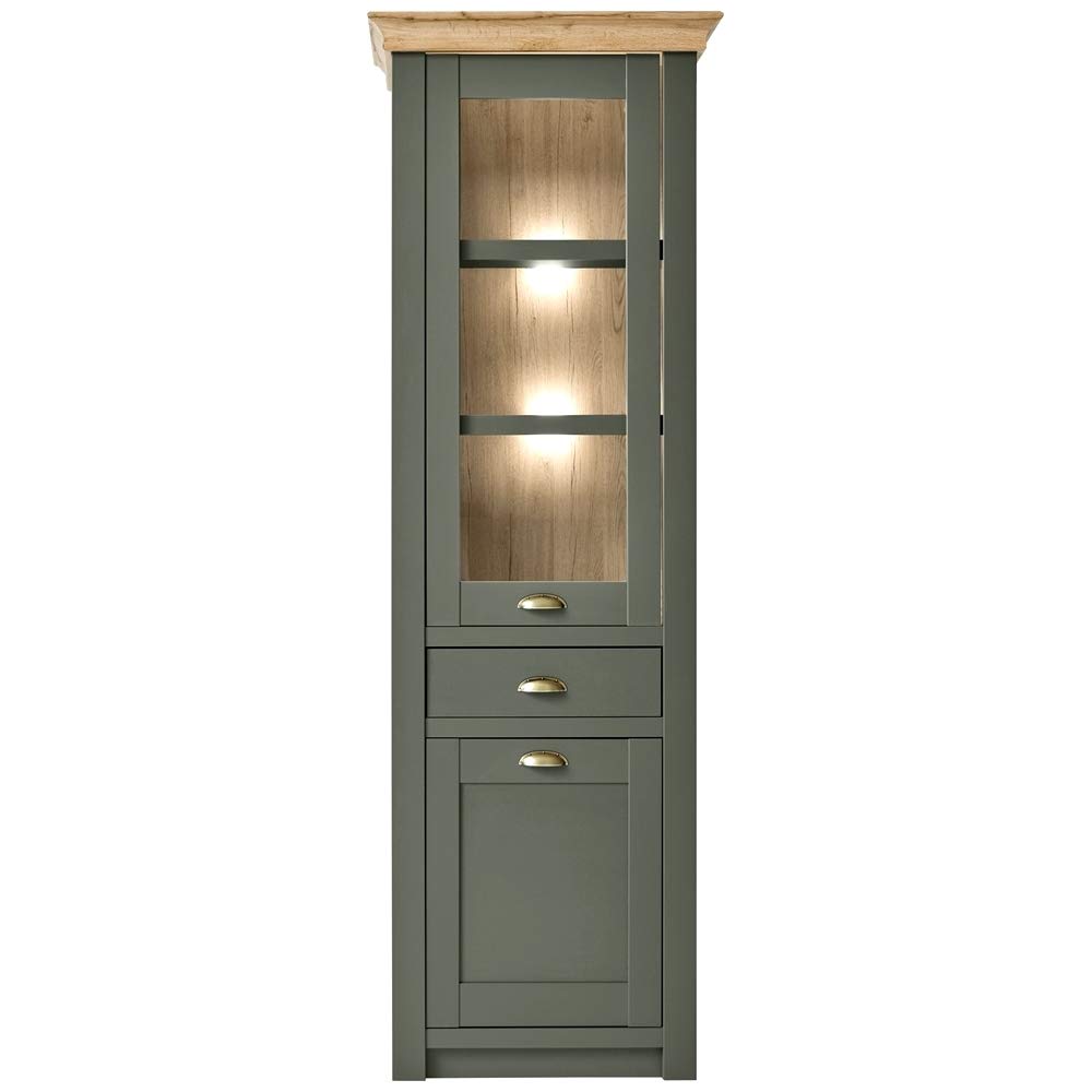 Lomadox Landhaus Wohnzimmer Vitrine Standvitrine grün mit Wotan Eiche, inkl. Beleuchtung
