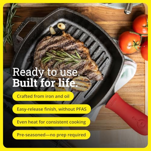 Image of Lodge Square Cast Iron Grill Pan 10.5 Inches - Pre-Seasoned Square Skillet - Ridged Burger Grill Pan - Even Heat Distribution - PFAS-Free Non-Toxic Cookware