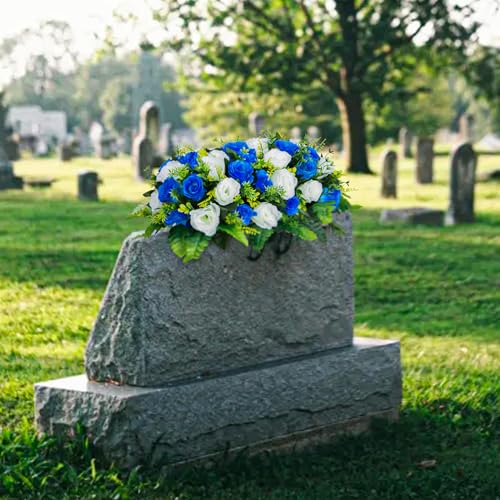 Artificial Headstone Flower Saddle, Cemetery Flowers for Graveside, Memorial Grave Flowers for Cemetery Tombstone Headstone Decoration (Blue with White) image 6