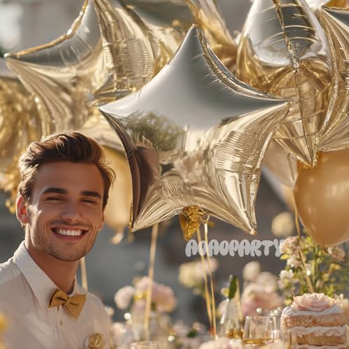 Image of 25Pcs Champagne Gold Star Shaped Foil Mylar Balloons 18 Inch Light Gold Star Helium Balloons for Birthday Wedding Anniversary Engagement Party Decorations Supplies