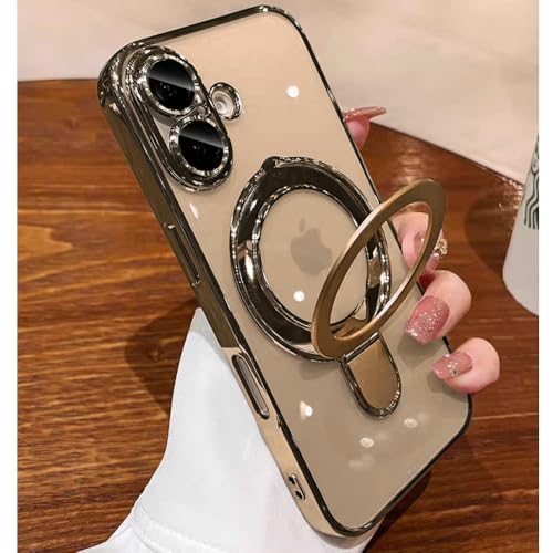 Image of Magnetic Ring Case for iPhone 16 Case Kickstand Compatible with MagSafe Built-in Camera Lens Protector Shockproof Phone Case for iPhone 16 6.1 inch - Gold