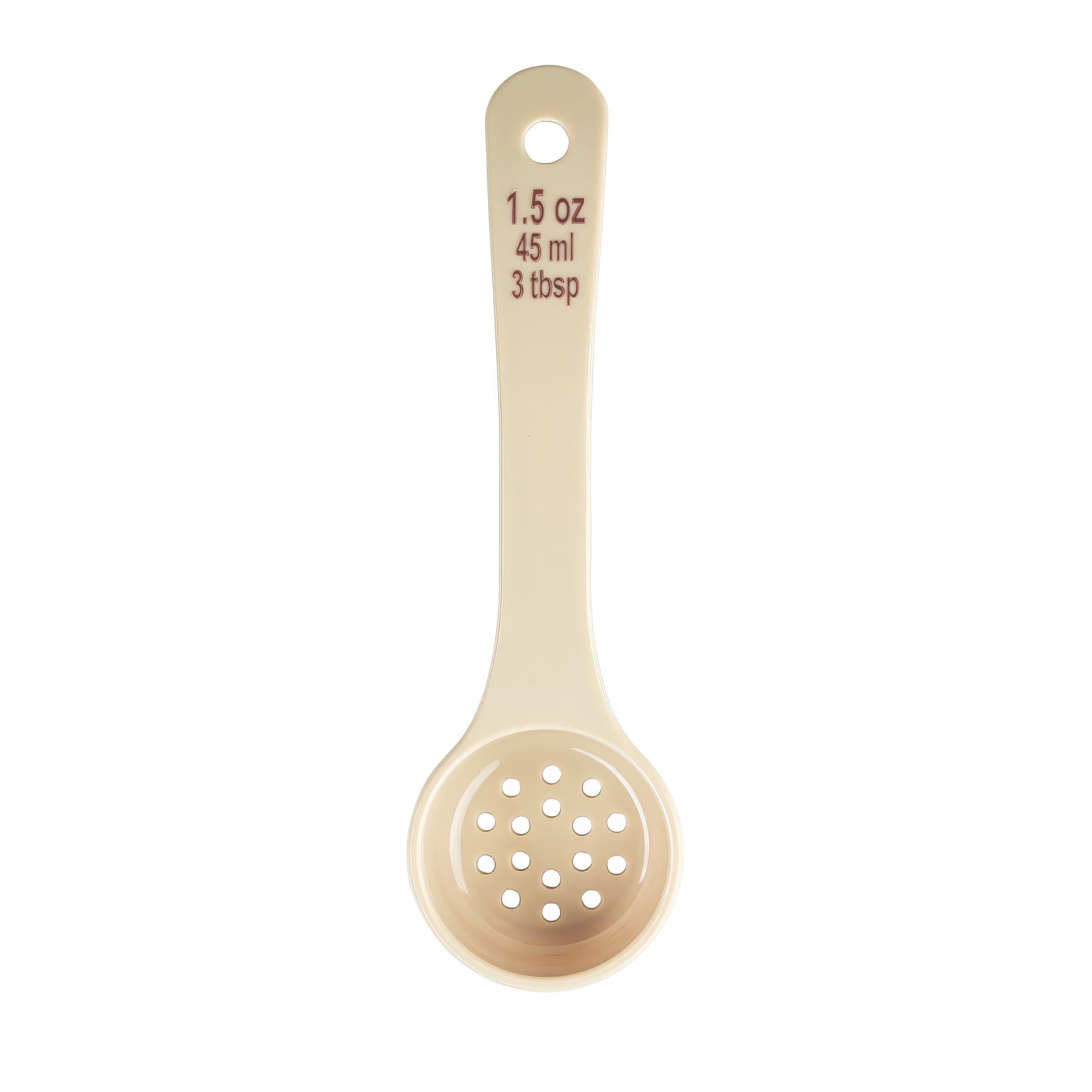 Spoonout, 1-1/2 oz., 7.625" x 2.25" x 1", Perforated, Short Handle with Maroon Capacity Markings (oz/ml), Polycarbonate, NSF, 12 Each per case by Tablecraft – Model 11167