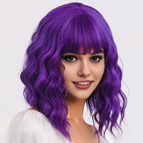 Image of AGO Purple Wig with Bangs Short Loose Wave Pastel Bob Wigs Shoulder Length Synthetic Hair for Women Girl Synthetic Heat Resistant Fiber for Daily Party Halloween Cosplay Use(415#Purple)