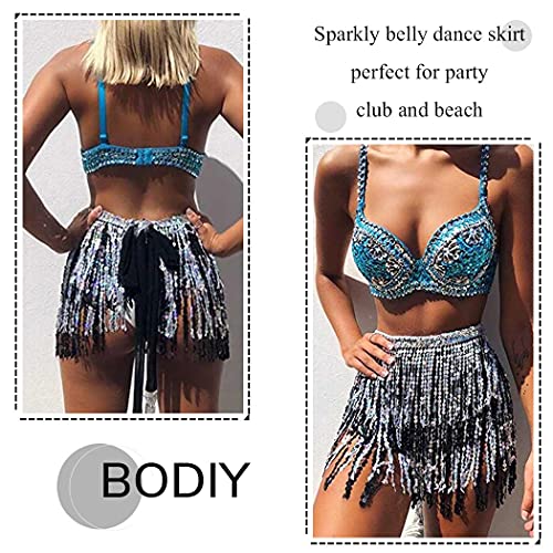 Bodiy Belly Dance Hip Skirt Sequin Hip Scarf Tassel Fringe Skirts Rave Outfit Party Body Jewelry For Women And Girls (Us 10-16 (M), A Silver+Black) #TOP4