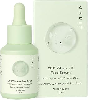 GABIT.20% Vitamin C Face Serum with Hyaluronic Acid, Ferulic, Cica, Prebiotic & Probiotic, All Skin Types, 30 ml
