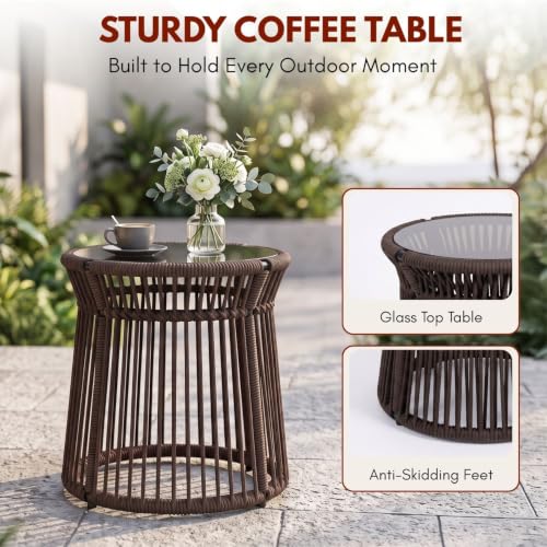Image of DEVOKO Outdoor 3 Piece Patio Rope Chair Table Set All Weather-Resistant Cushion Handmade Furniture Perfect for Balcony, Garden, Patio, Terrace(Brown & Cream)