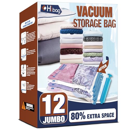 HIBAG Vacuum Storage Bags, 12 Jumbo Vacuum Seal Bags for Clothing, Space Bags for Clothes,...