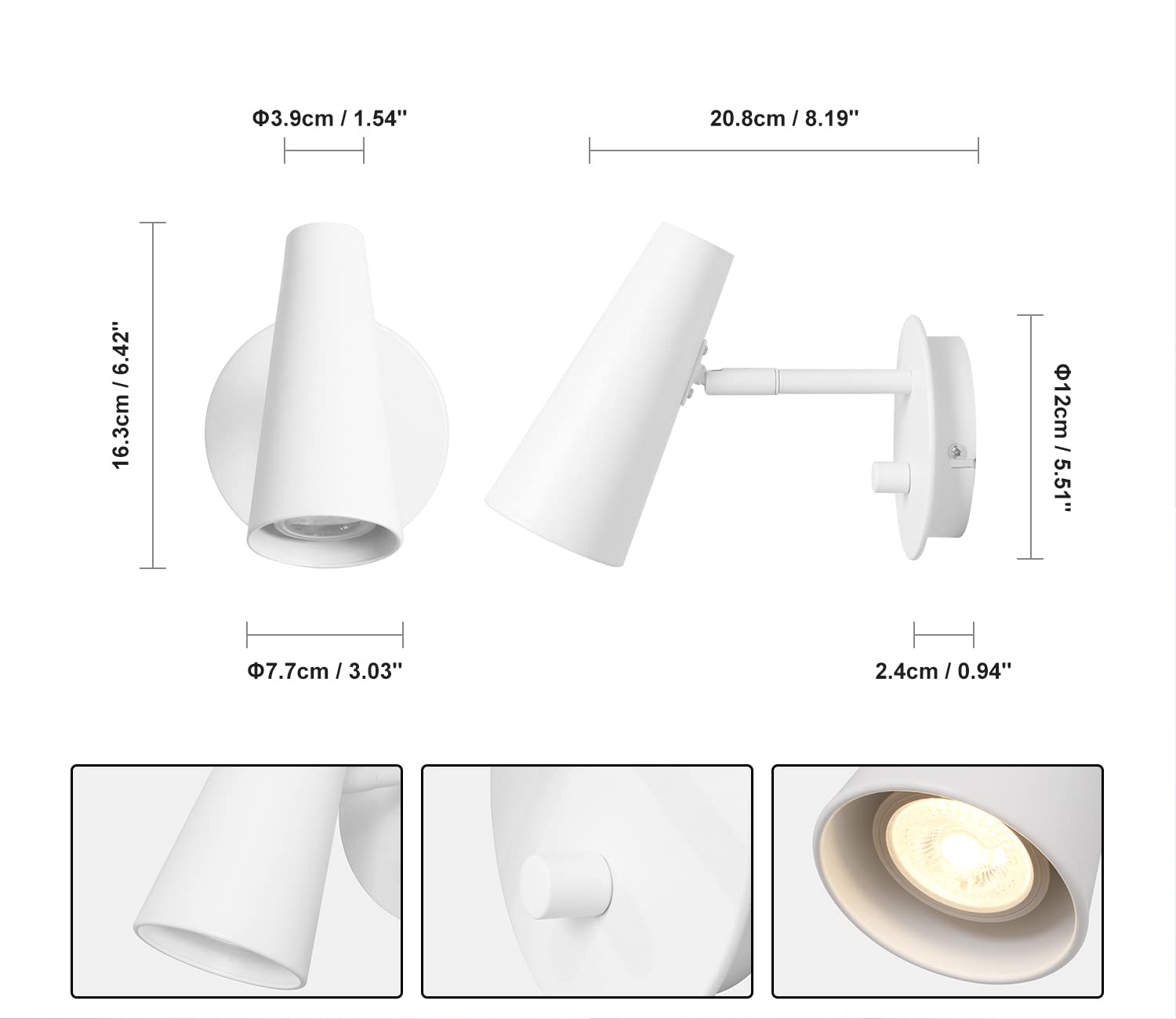 DAWALIGHT GU10 Wandleuchte Weiß Innen Wandlampe Drehbar LED 5W 3000K Warmweiß Dimmbare Wandleuchte mit Schalter für Lesen Wohnzimmer Schlafzimmer Küche Nachttisch, Aluminium