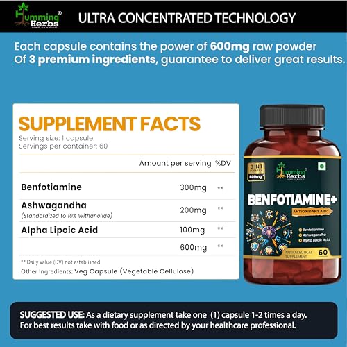 Image of Humming Herbs Benfotiamine+ 600mg with Ashwagandha & Alpha Lipoic Acid - Antioxidant & Energy Support - Promotes Nerve Health & Metabolic Function - Nutraceutical Supplement (60 Caps)