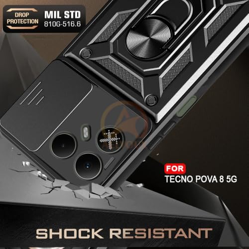 Image of Armor Bumper Back Cover Case for Tecno Pova 8 5G Rotating Camera Cover, Ring Holder & Kickstand | Heavy Duty & 360 Degree Protection Back Cover for Tecno Pova 8 5G (Black)
