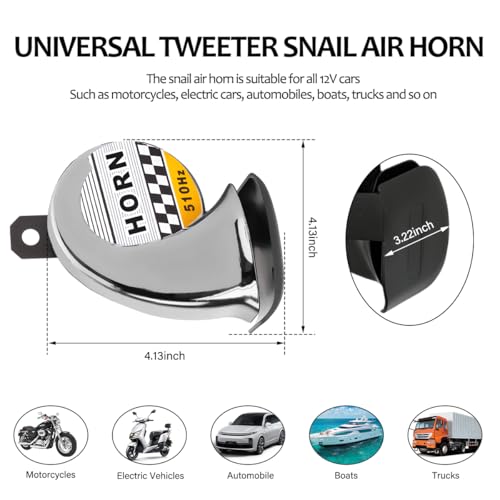 KVAEY Car Snail Air Horn, 130DB 510HZ High Tone Loud Electric Snail Horn for 12V Vehicles, Waterproof Signal Speaker for Car Truck Motorcycle Scooter Golf Cart, Car Accessories (Silver) - Thumbnail 2