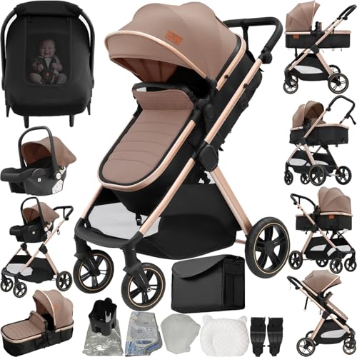 MoLi Carrito Bebe 3 en 1, Carro Bebe 3 Piezas Plegado Conveniente con Un Solo Clic, Carrito Bebes con Modo de Doble Empuje Reversible, Cochecito Bebes Tres Piezas Paisaje Alto (V10 Khaki)