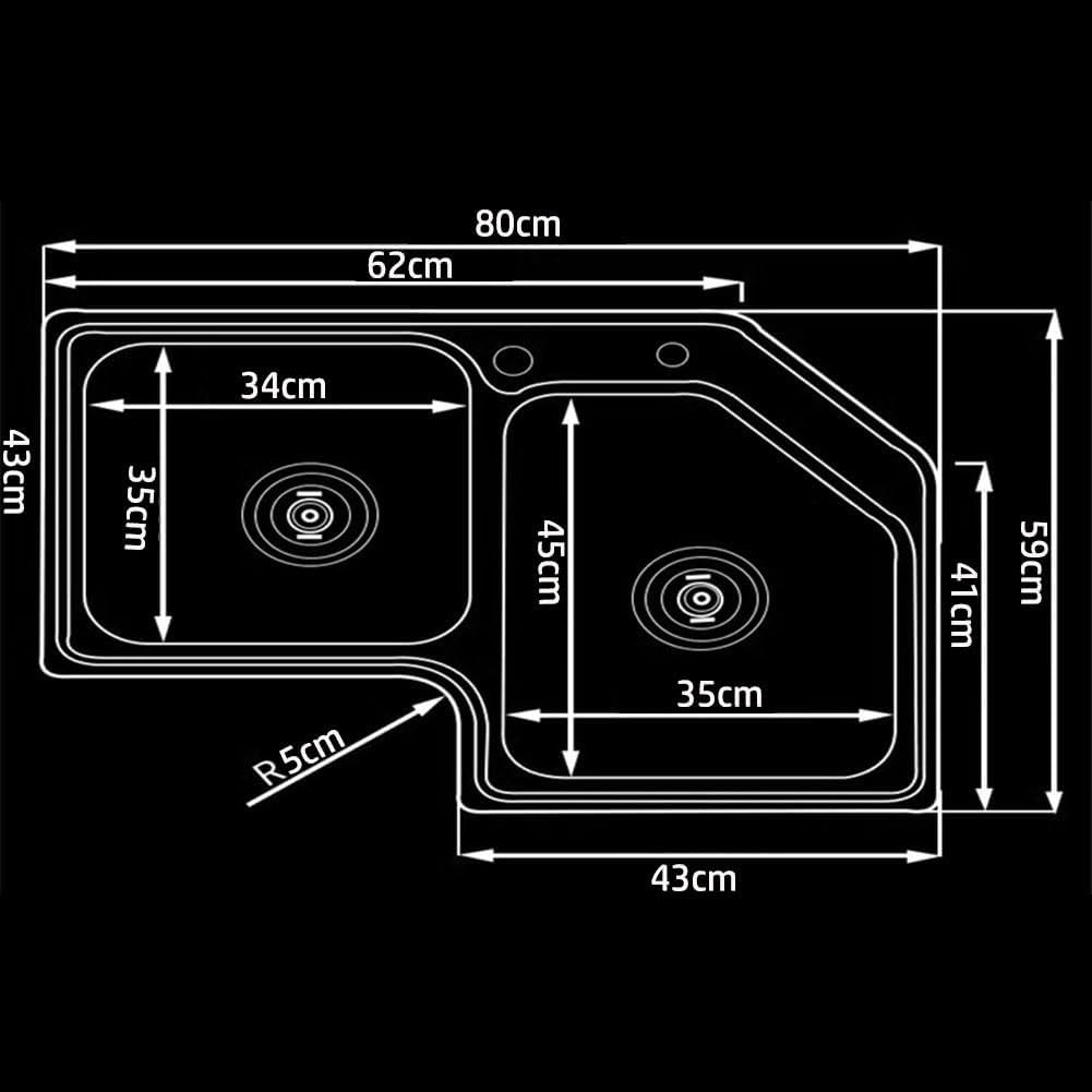 Double Bowl Stainless Steel Corner Sink, Workstation Sink for Modern Kitchens, Easy to Clean,Kit-B-80x59x18cm