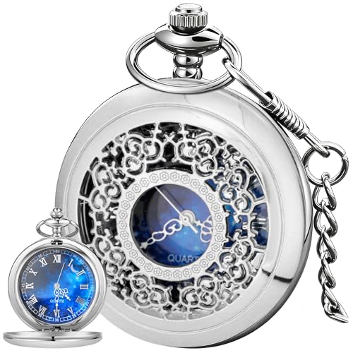 Tiong Pocket Watch Hollow Blue Star Design Roman Numerals Quartz with Chain Christmas Birthday Gifts