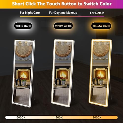 Sweetcrispy 64"x21" Full Length Standing Mirror with LED Lights, Lighted Floor Mirror with Stand, Aluminum Alloy Thin Frame, White