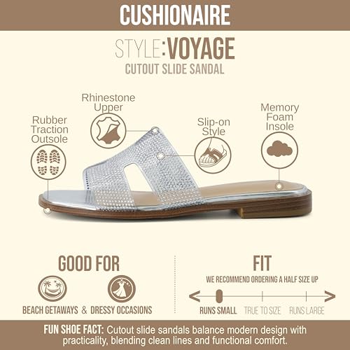Image of CUSHIONAIRE Voyage Cutout Strap Slides for Women, Slip On Summer Flats, Trendy Footwear, Memory Foam Vegan Leather Comfortable Vacation Style Sandals