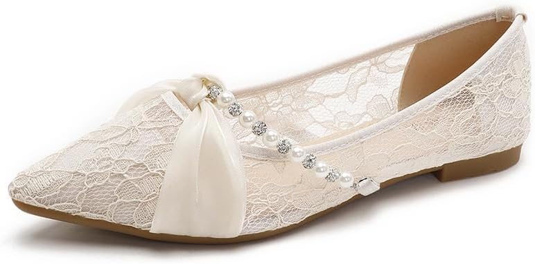 Lace Ballet Flats for Women Pointed Toe Slip On Floral Lace Flat Comfy Dressy Rhinestones Lace Ivory Wedding Bride Shoe