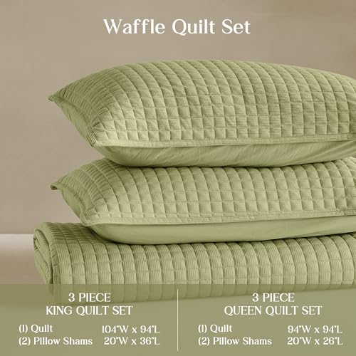 Image of Wonderful 3 Piece Waffle Weave Quilt Set Queen Size, Sage Lightweight Bedspread Coverlet for All Season, Ultra Soft Microfiber Bedding Set with 2 Pillow Shams, Waffle Pattern Quilted Design 94 inchx94 inch | Breathable & Cozy