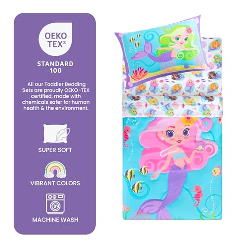 Image of Todays Kids Mermaids Toddler Bedding Set for Girls - 4-Piece Toddler Bed Sheets and Comforter Set, Reversible Comforter & Pillowcase, Flat Sheet, Fitted Sheet, Breathable & Super Soft Microfiber