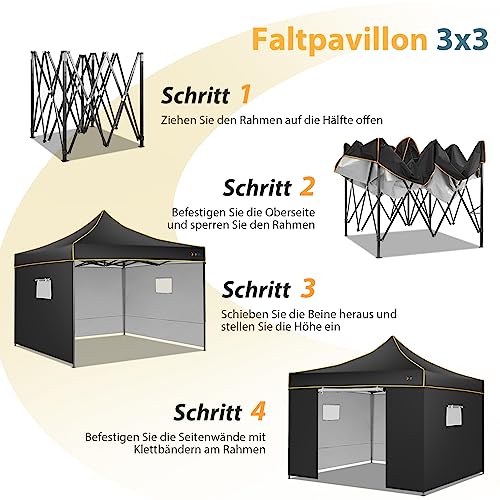 Image of HOTEEL 3x3 Folding Gazebo Waterproof Stable 3x3 with 4 Side Parts, UV Protection 50 + Folding Gazebo for Party, Camping, Beach, Black