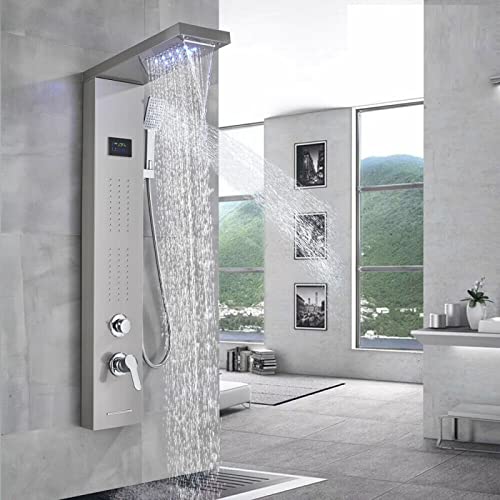 WOTZOV Panneau de Douche à LED avec Effet Pluie et Cascade, pommeau de Douche avec Jets massants, système corporel, Noir de Jais B