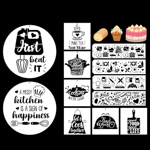 Kitchen Utensils Cooking Painting Stencils - 12pcs Reusable Kitchentableware Tea Cup Plate Milk Tea Bread Croissant Egg Steak Cake Food Words Templates Stencils for Painting on Wood Wall Home Decor