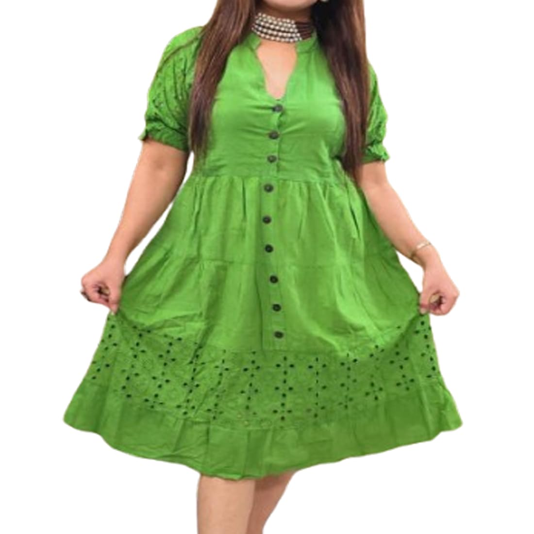 ukal Women's Cotton Summer Midi Short Dress, Button Front, Choker Neck, Short Sleeves-picture-50