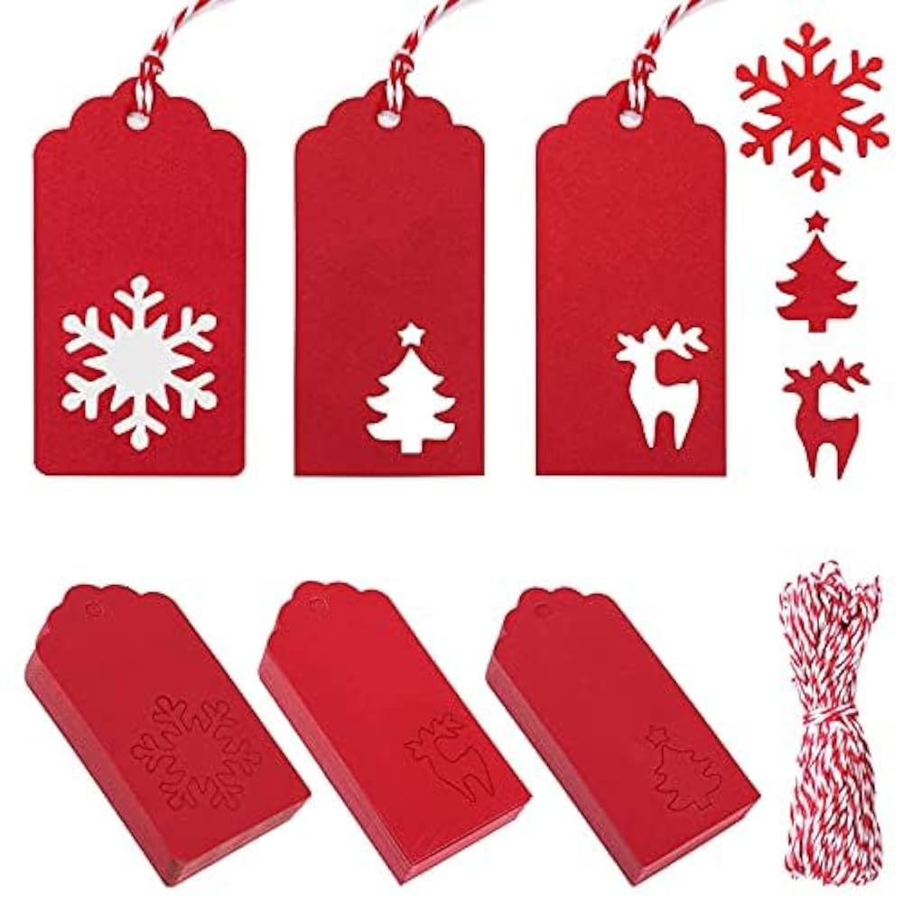 150 PCS Christmas Tags, Kraft Paper Gift Tags Hang Labels With 20M Red White String Tree Snowflake Reindeer Design Favor Christmas Party Tree