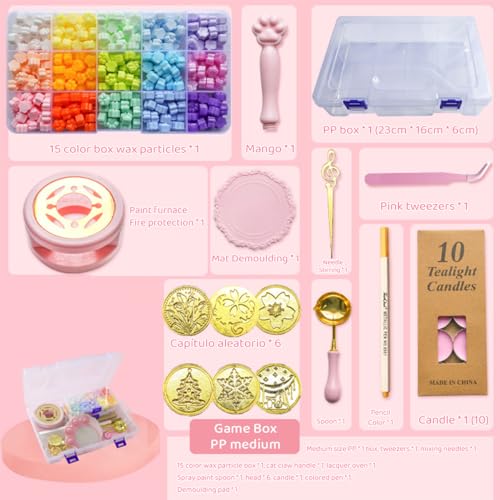 Image of HASTHIP Wax Seal Stamp Set - 15 Multicolor Beads, 6 Random Stamps, Pink Cat Claw Handle, Warmer, Spoon, 10 Tealights, Silicone Mat, Craft & DIY Gift Kit For Personalized Invitations & Packaging