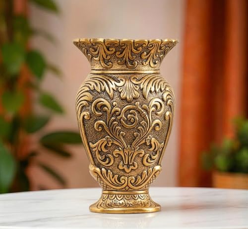 Image of Kridaykraft Decorative Metal Vase, Antique Gold Finish, Baroque Floral Pattern, Traditional Ornate Design