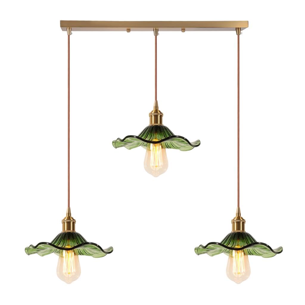 Lámpara colgante con 3 lámparas de techo de cristal verde, flores E27, regulable en altura, suspensión de mesa de comedor para salón dormitorio cocina